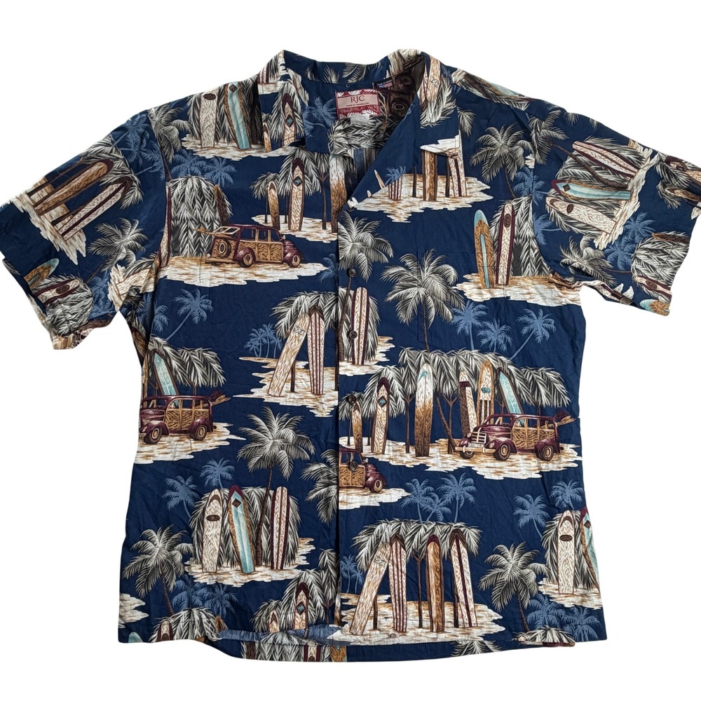 RJC Mens 3XL Hawaiian Aloha Shirt Navy Woody Wagon Surfboard Made in Hawaii